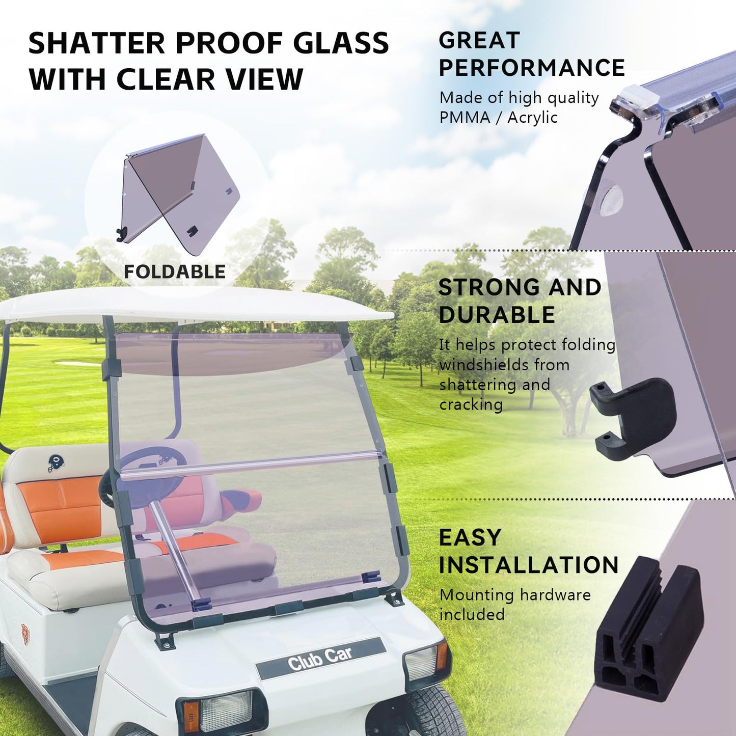 VPAHub Club Car DS NEW Flip Flop Compact Golf Cart Windshield, Tinted Color, 3/16" Thickness, Fits Club Car DS 2000.5+ NEW