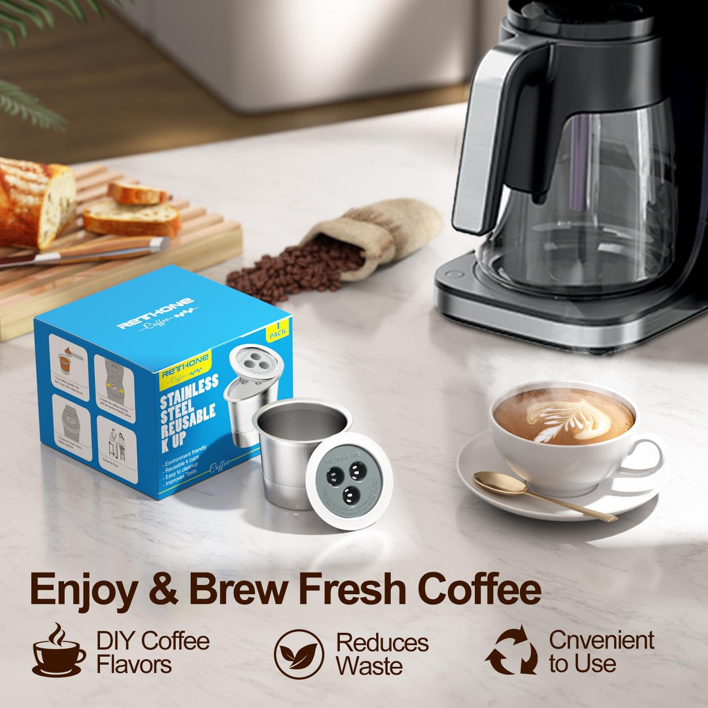 RETHONE Reusable K Cup Reusable Coffee Pods Compatible with Ninja Coffee Maker, Stainless Steel Reusable Coffee Filters for Ninja CFP201 CFP300 CFP301 CFP305 CFP307 CFP400 Dual Brew Pro (1 Pack)