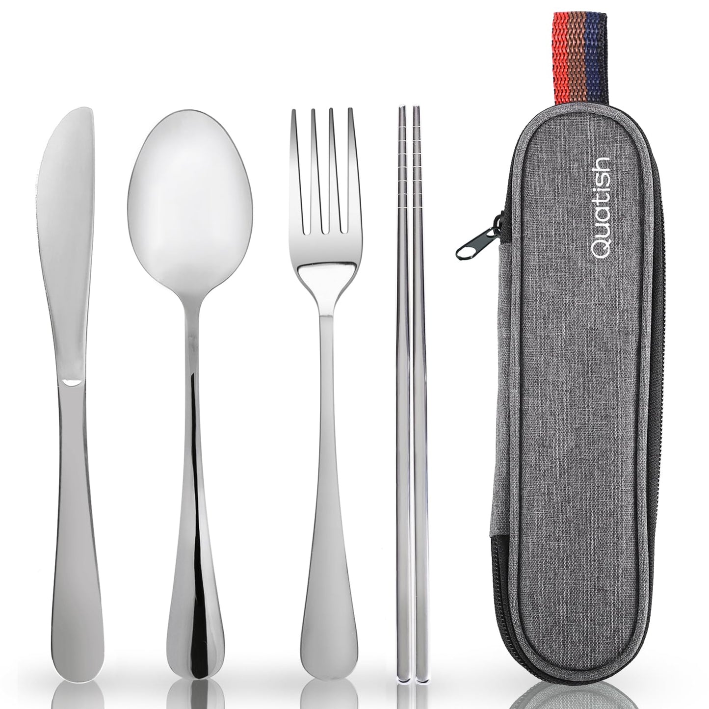Travel Utensils with Case, Quatish Portable Silverware Set for Work, Stainless Steel Reusable Travel Cutlery, Fork and Spoon Set for Camping, Picnic, Gadgets, Lunch Box for Men, Christmas Gift, Silver