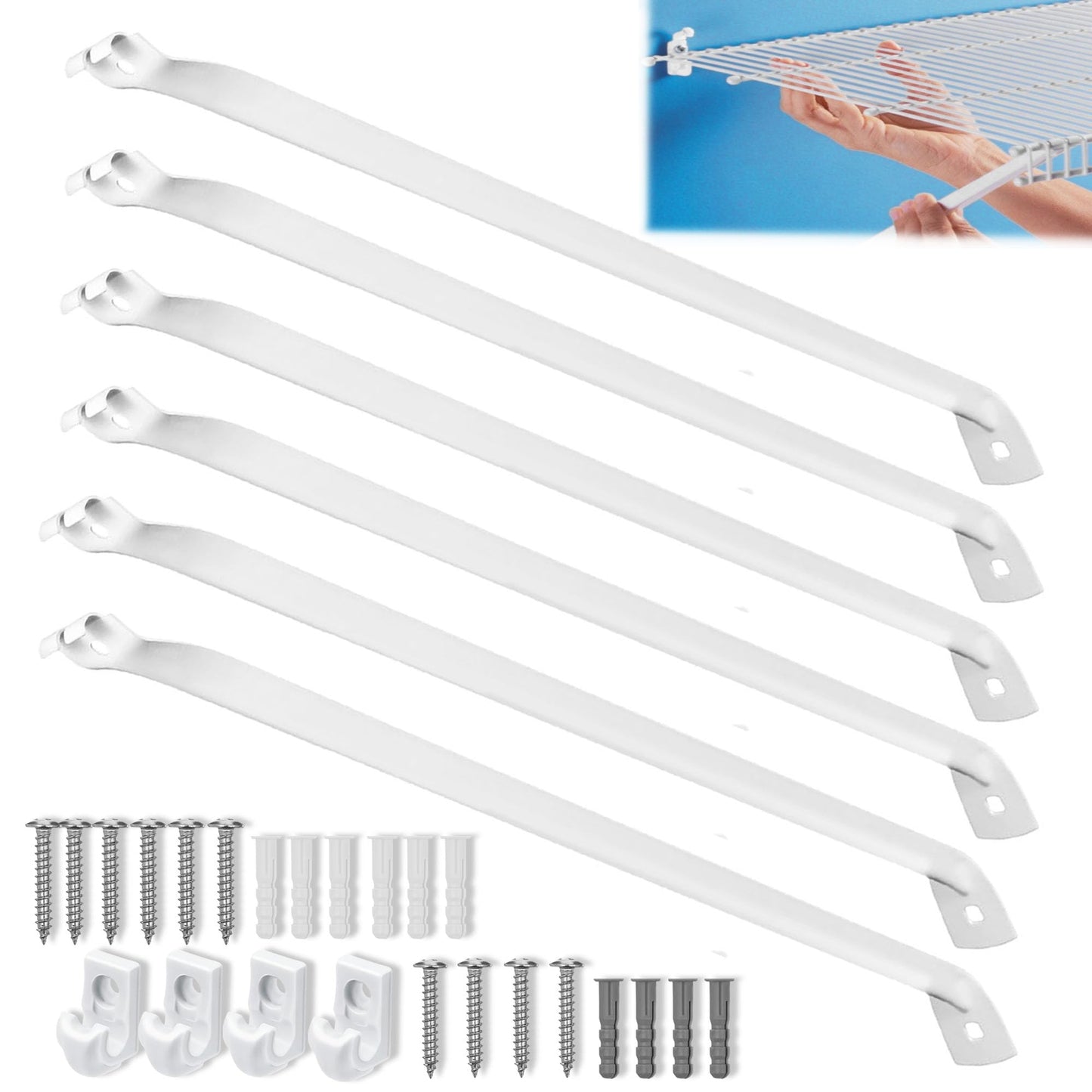 Ojeemii 6PCS 12 Inch Wire Shelf Brackets, Heavy Duty Wire Shelving Support Brackets, Closet Rack Support with 4 PCS Wire Shelf Clips, Closet Wire Shelf Support Brackets for Laundry, Closet, Garage