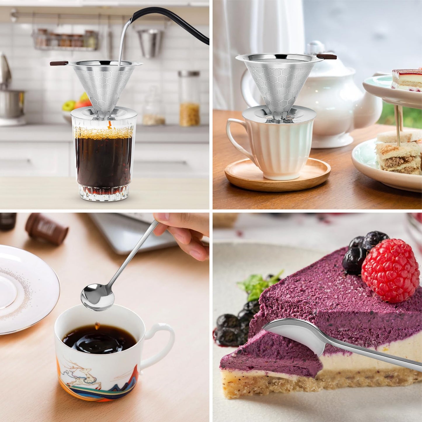 Pour Over Coffee Dripper, LOOFORE Stainless Steel Coffee Filter, Metal Cone Filter Paperless Reusable Coffee Filter Single Cup Coffee Maker 1-2 Cup, with Spoon and Silicone Tray, Cleaning Brush