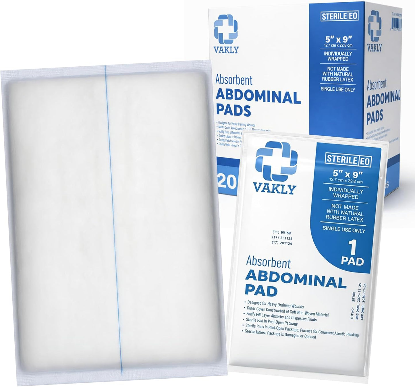 Vakly ABD Pads - Sterile 5x9 Inch Gauze Pads | High Absorbency Non-Adherent Wound Dressing (20 Pack)