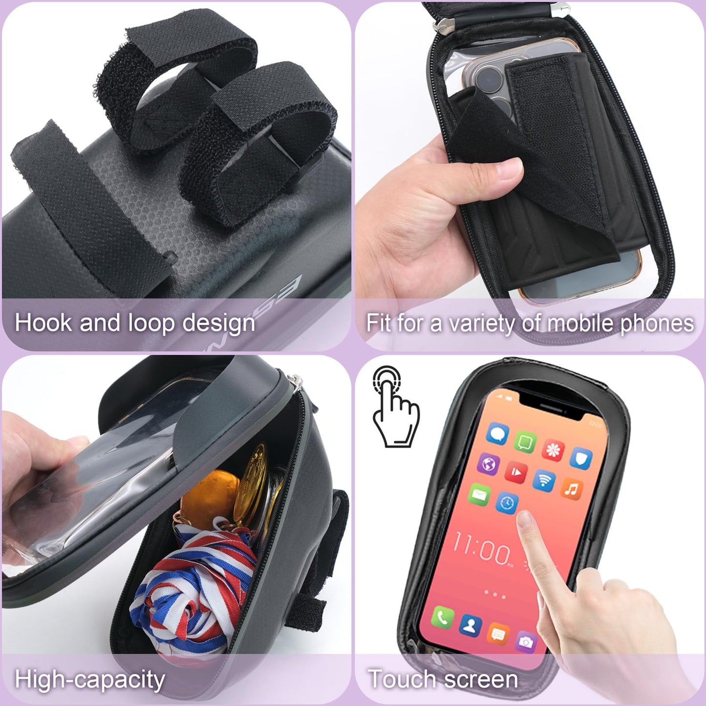 JLNGTHONG Bike Phone Holder, Bicycle Front Frame Handlebar Bag EVA Hard Shell Waterproof Bike Accessories with Touch-Screen and Rain Cover for Phones under 6.9''