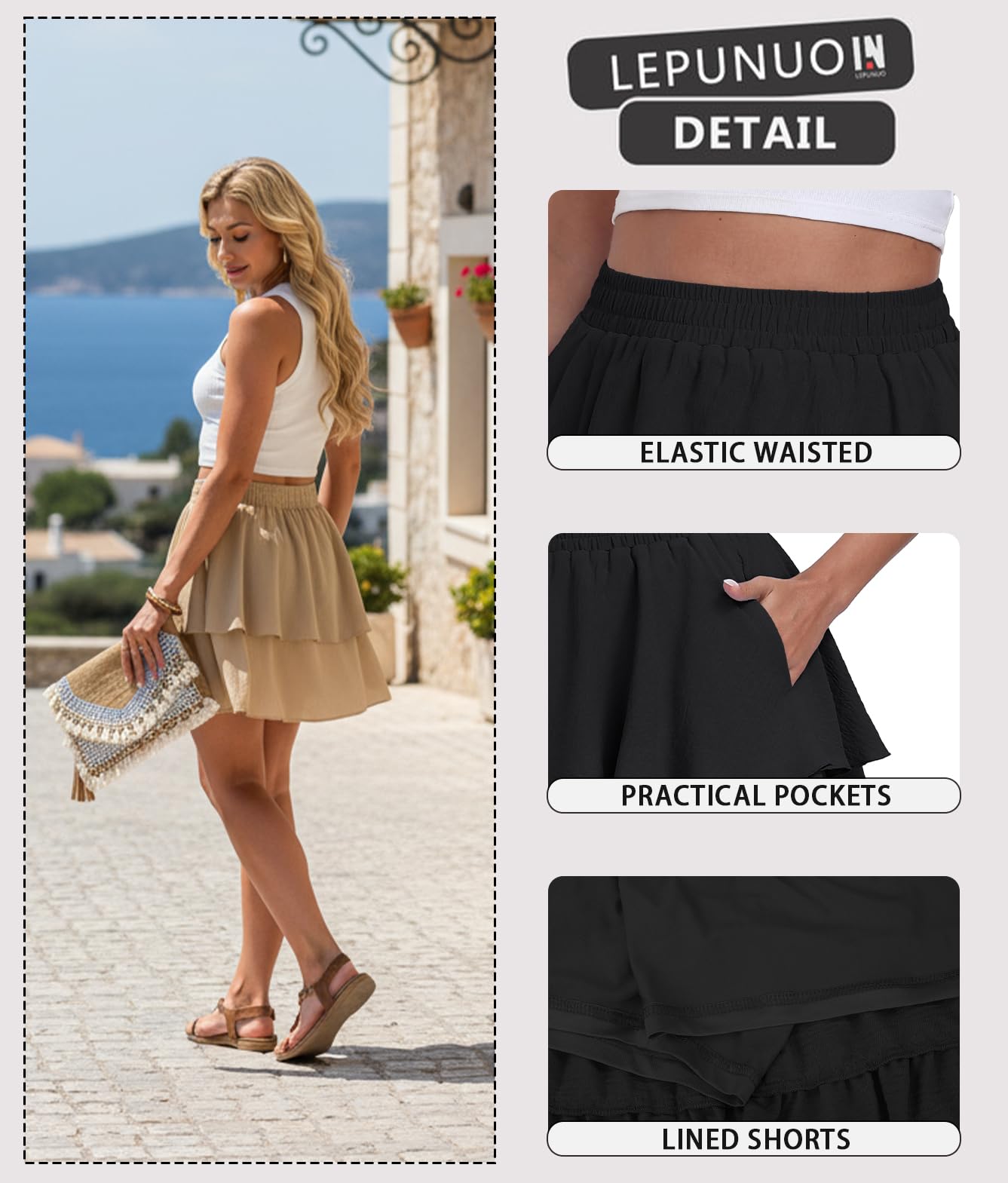 Lepunuo Boho Mini Skirts for Women Flowy Ruffle Tiered Skorts Skirts with Short Underneath with Pockets Beach Vacation A - Black