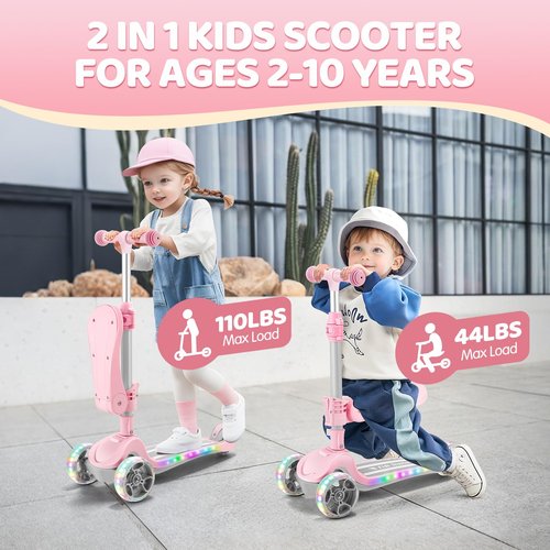 AODI Kids Scooter with Seat, 2 in 1 Kick Toddler Scooter with LED Light-Up Wheels and Light up Deck, 4 Adjustable Heights, Lean to Steer, 3 Wheels Scooter Suitable for Boys & Girls Ages 2-8 Years