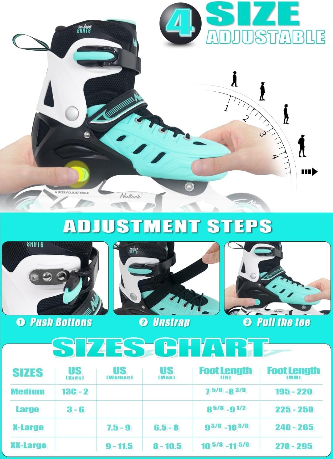 Teal Inline Skates for Youth Girls Women, 4 Sizes Adjustable Blades Roller Skates with Ankle Support, Adjustable Strap, 84mm Wheels and Soft Boot Fit for Skating, Roller Derby, Street Hockey