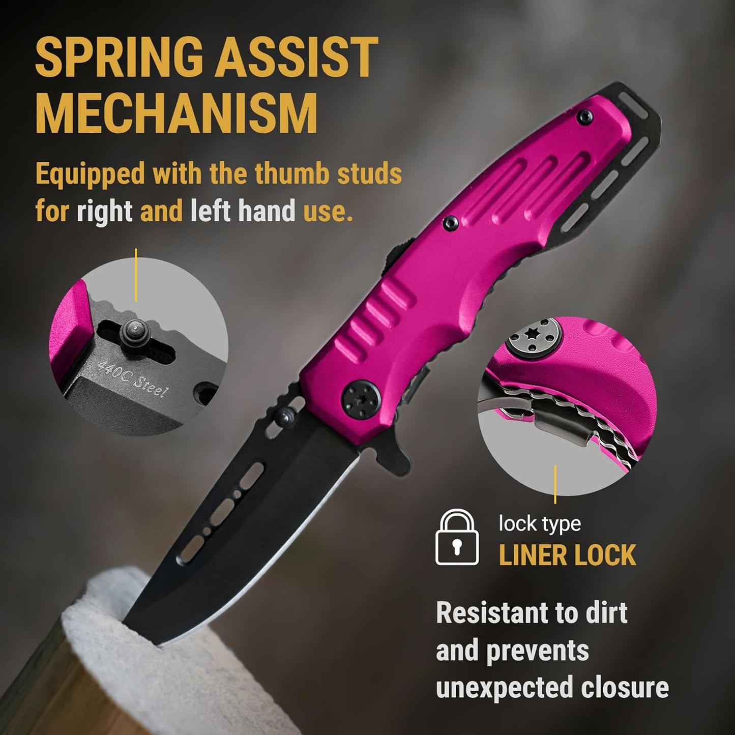 Skiennix Safety Lock Pocket Knife - Cute Spring Assisted Folding Knife in Hot Pink | Ideal Self-Defense Tool for Women