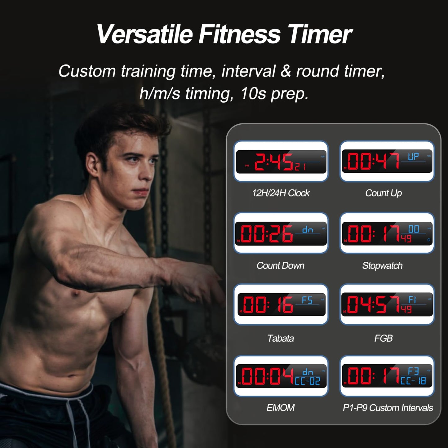ANJANK 15" Large Gym Timer, LED Digital Wall Clock with Seconds, Timing for Workout, Interval & Rounds, Countdown/Up/Stopwatch/12-Level Volume, Remote Control for Home, Garage, Gym, Crossfit, Fitness