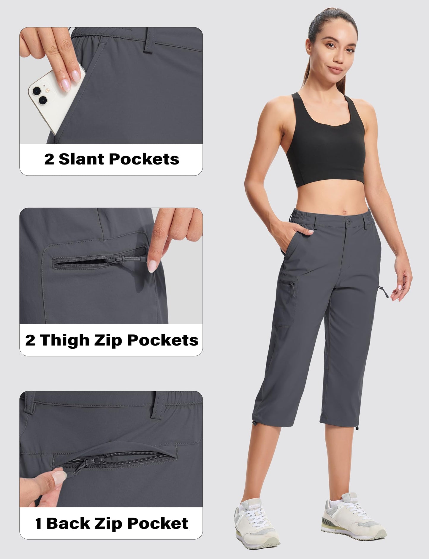 MAGCOMSEN Women's Cargo Capri Hiking Pants with Pockets Comfy Breathable Water Resistant Joggers, Dark Grey, L