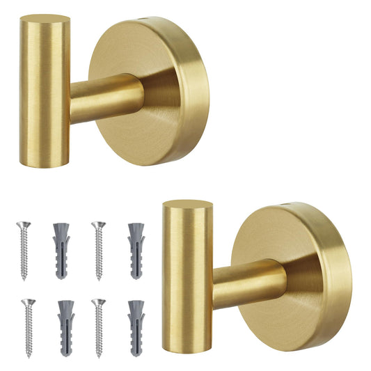 Towel Hooks for Bathroom 2 Packs Screw- in Gold Wall Mount Towel Holder Towel Rack, Heavy Duty Robe Coat Loofah Hooks for Shower, Kitchen,Hotel, Pool Tile, Brick Modern Style Decor Wall Hooks
