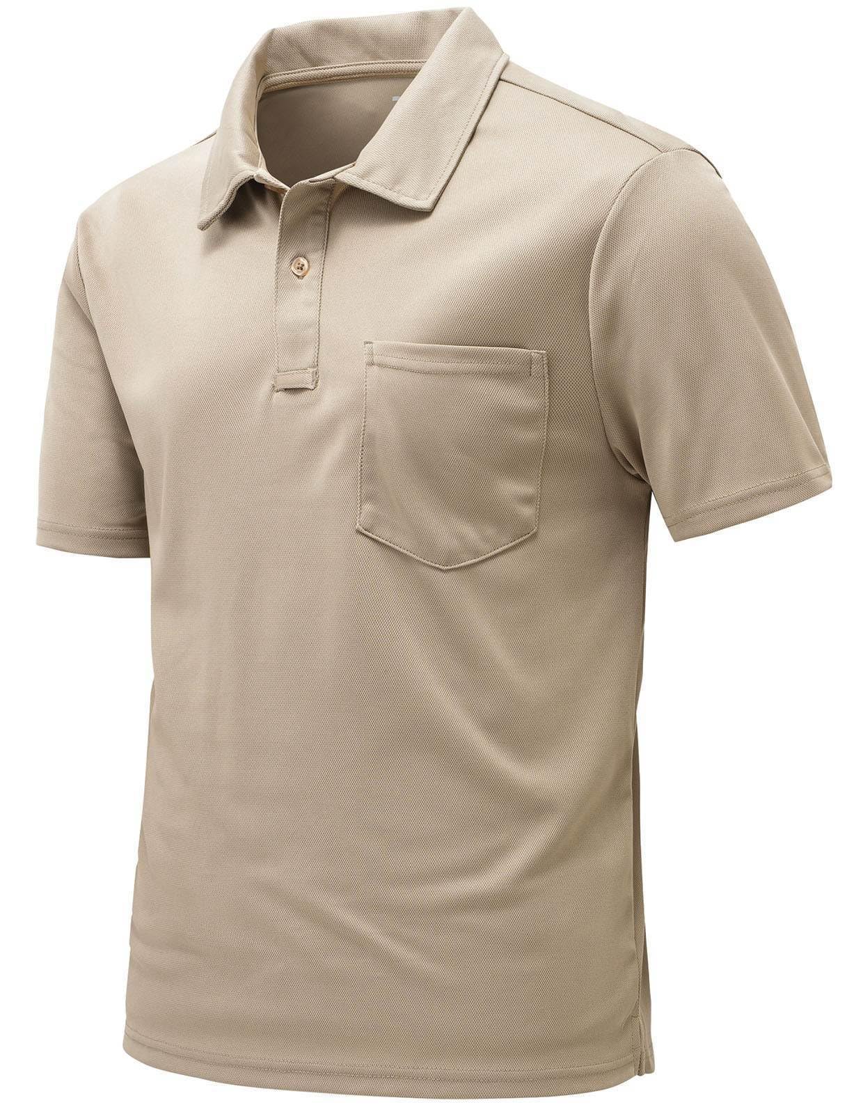 Rdruko Men's Polo Shirts with Pocket Quick Dry Short Sleeve Moisture Wicking Golf Polo Shirt with Pocket(Khaki, US S)