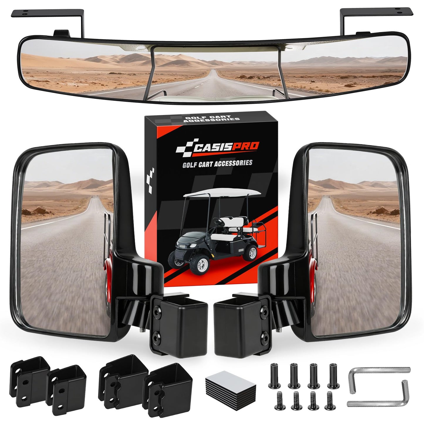 CASISPRO Universal Golf Cart Mirrors, No Drilling HD Shatterproof Glass Mirrors for EZGO Club Car Yamaha, Golf Cart Side Mirror & Rear View Mirror Kit, 180° Rotation, No Blind Spots