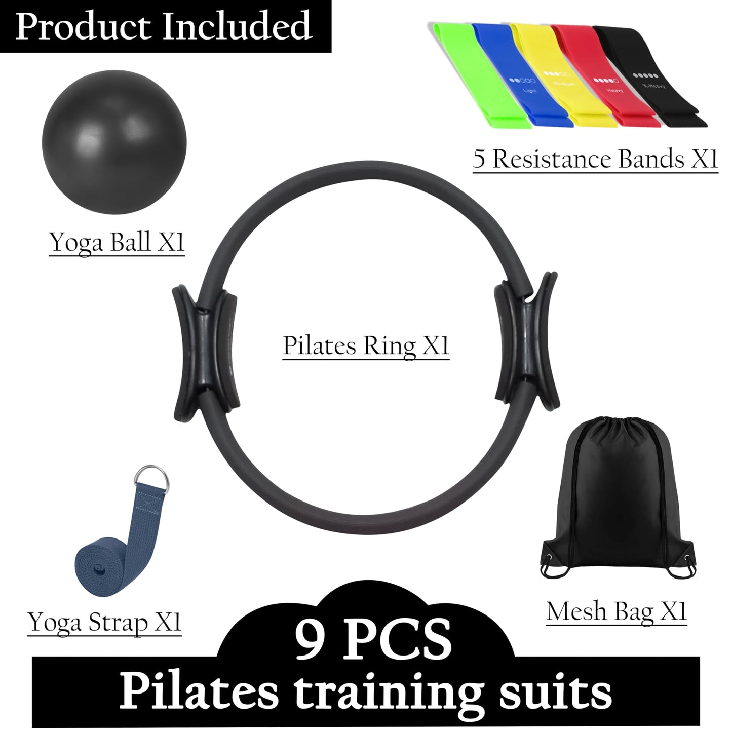 Pilates Ring Set with Bands & Mini Yoga Exercise Ball – 14″ Magic Circle with Padded Handles, 5 Resistance Bands & Stretch Strap – Home Workout Equipment for Full-Body Sculpting & Core Strength
