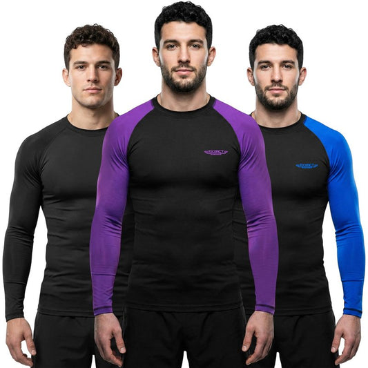 Exxact Sports Men’s BJJ Rash Guard Long Sleeve, IBJJF Ranked No Gi Jiu Jitsu Compression Shirt for MMA Grappling & Wrestling - (Black/Purple, AM)