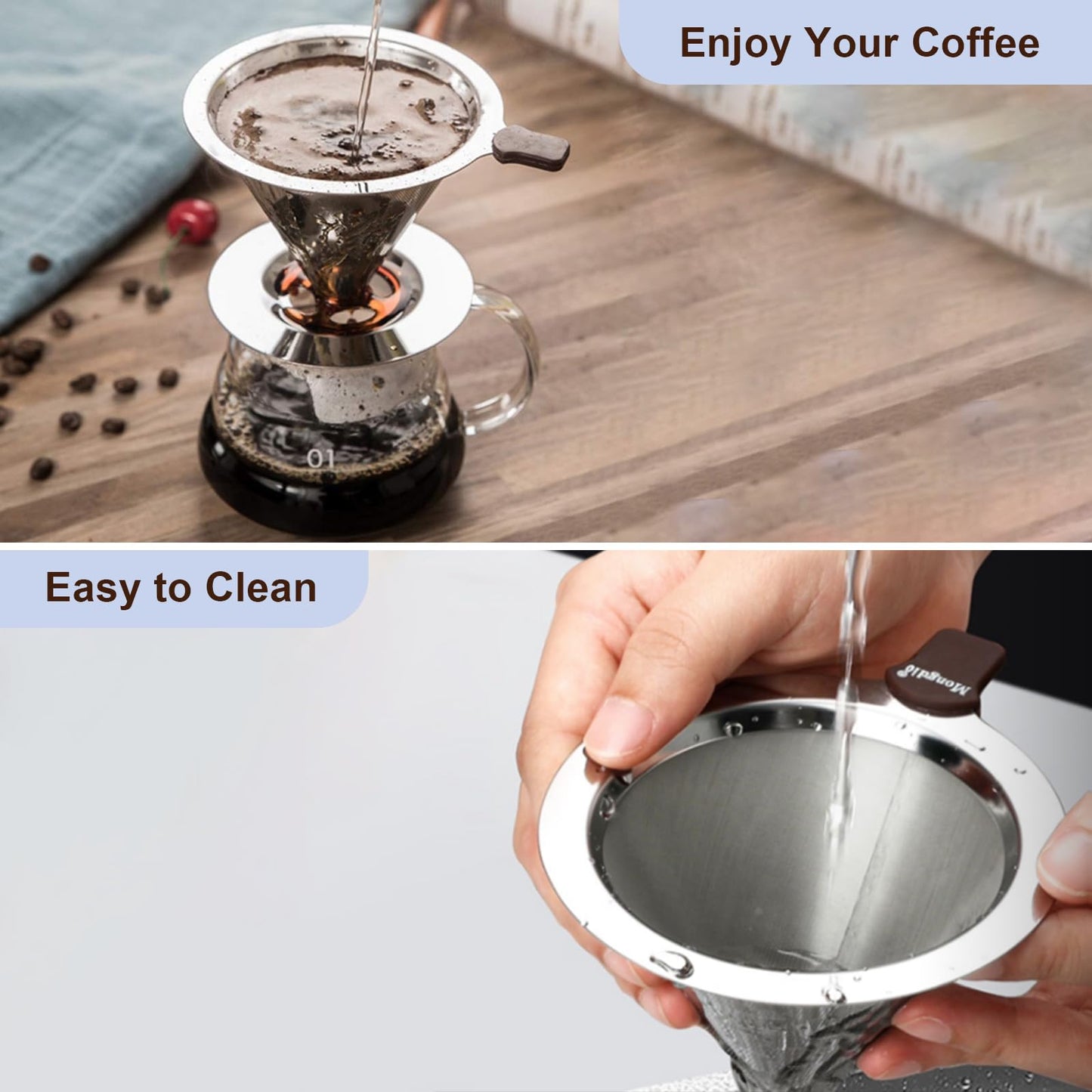 Fyueenix Stainless Steel Pour Over Coffee Dripper, Reusable Fine Mesh Filter for 1-2 Cups, Paperless Coffee Maker for Home, Travel, Camping