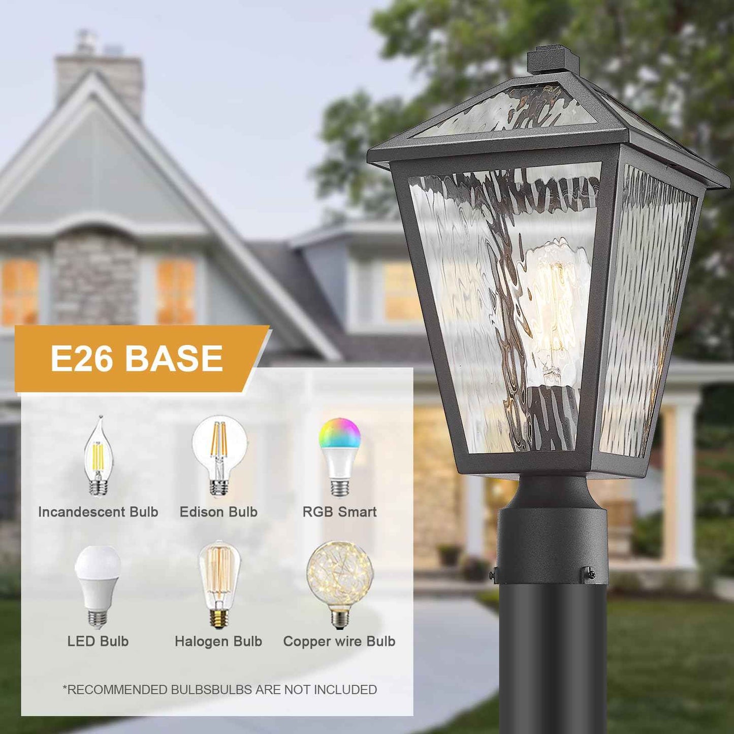 Luminzone Outdoor Post Lights with Water Ripple Glass, Modern Waterproof and Anti-Rust Aluminum Pillar Outside Lighting for Garden, Driveway, Patio, Porch, Garage, Black, Medium