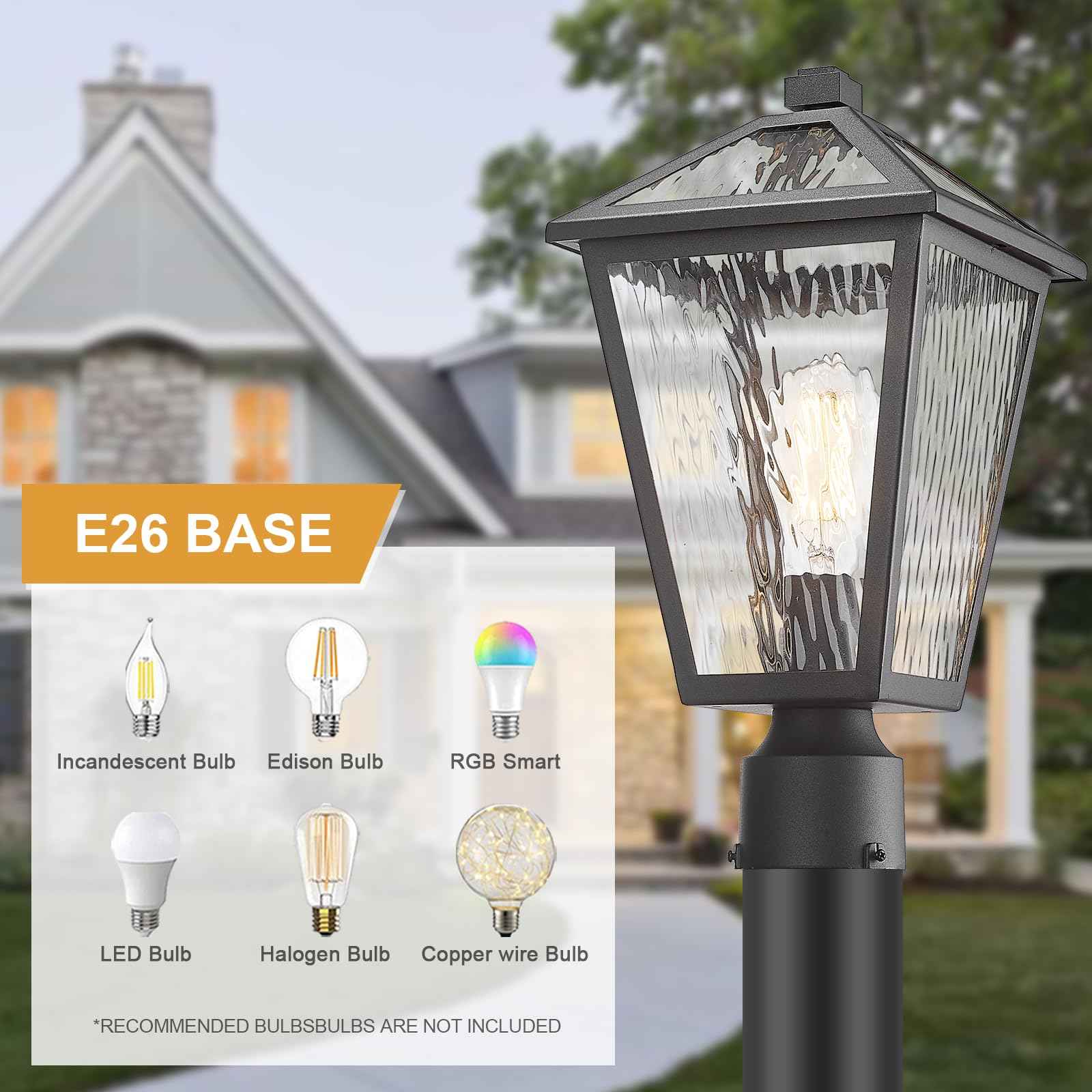 Luminzone Outdoor Post Lights with Water Ripple Glass, Modern Waterproof and Anti-Rust Aluminum Pillar Outside Lighting for Garden, Driveway, Patio, Porch, Garage, Black, Medium