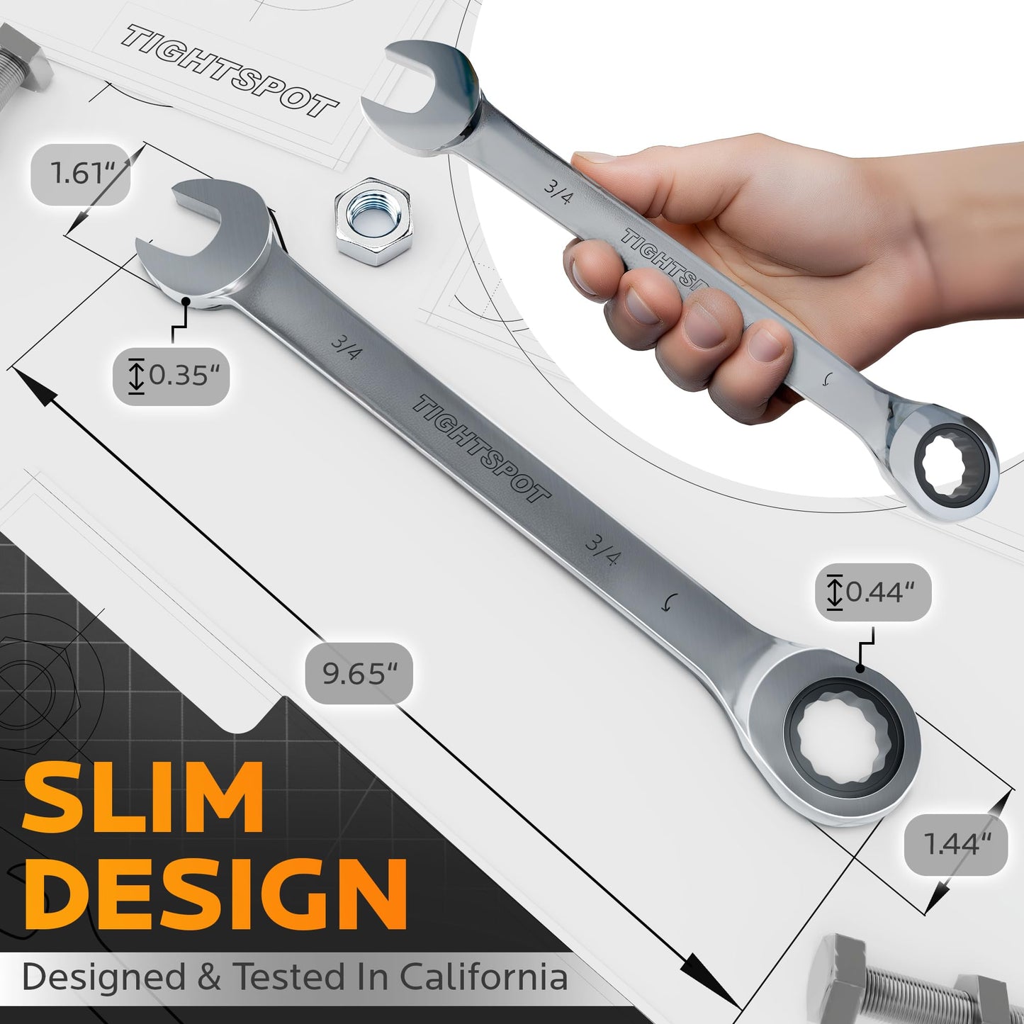 TIGHTSPOT 3/4 Inch Ratchet Wrench with Precision Movement and Hardened, Polished Steel for Projects with SAE Tight Spaces