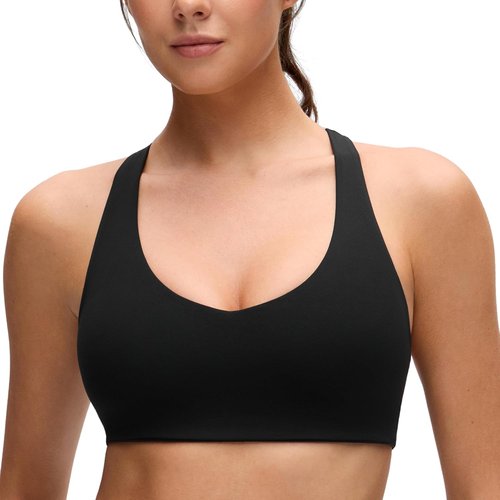 CRZ YOGA Butterluxe Racerback Sports Bra - Supportive Padded Wireless V-Neck Crop Top for Women