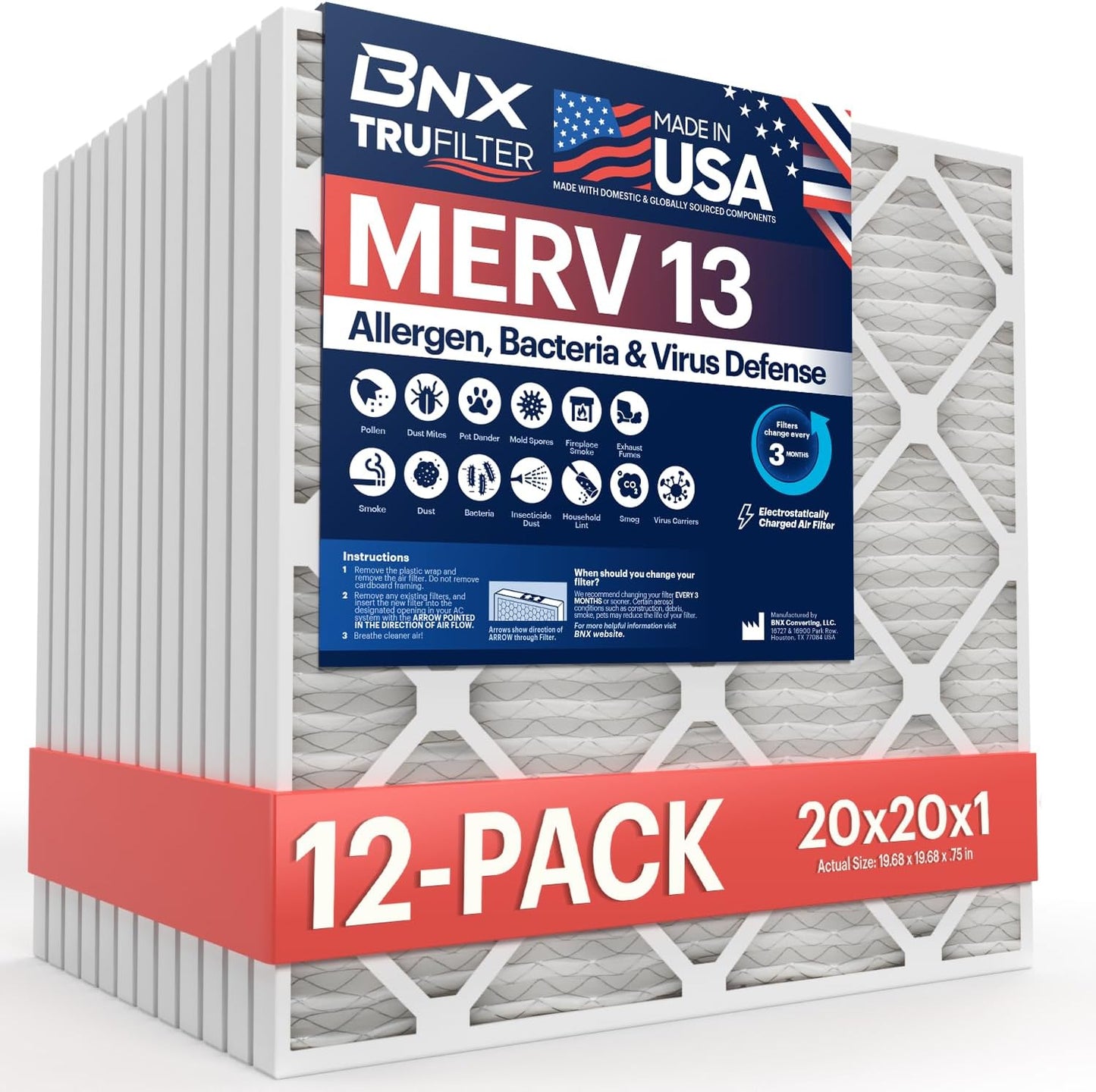 BNX TruFilter 12x12x1 MERV 8 Air Filters (6-Pack) - USA-Made Dust & Pet Defense for HVAC