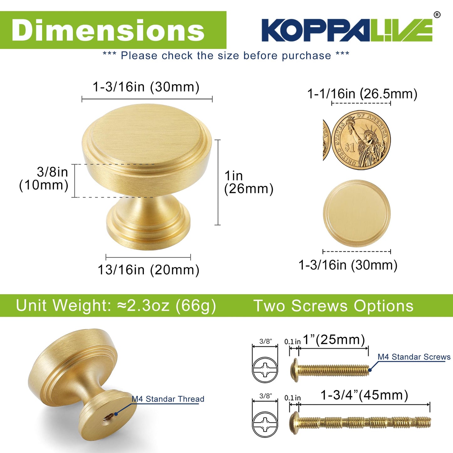 KOPPALIVE 2-Pack Solid Brass Kitchen Cabinet Knobs, Modern Gold Drawer Knobs for Dresser, Round Step Cabinet Knobs Pulls, Brushed Finish, Diameter 1-11/64 Inches