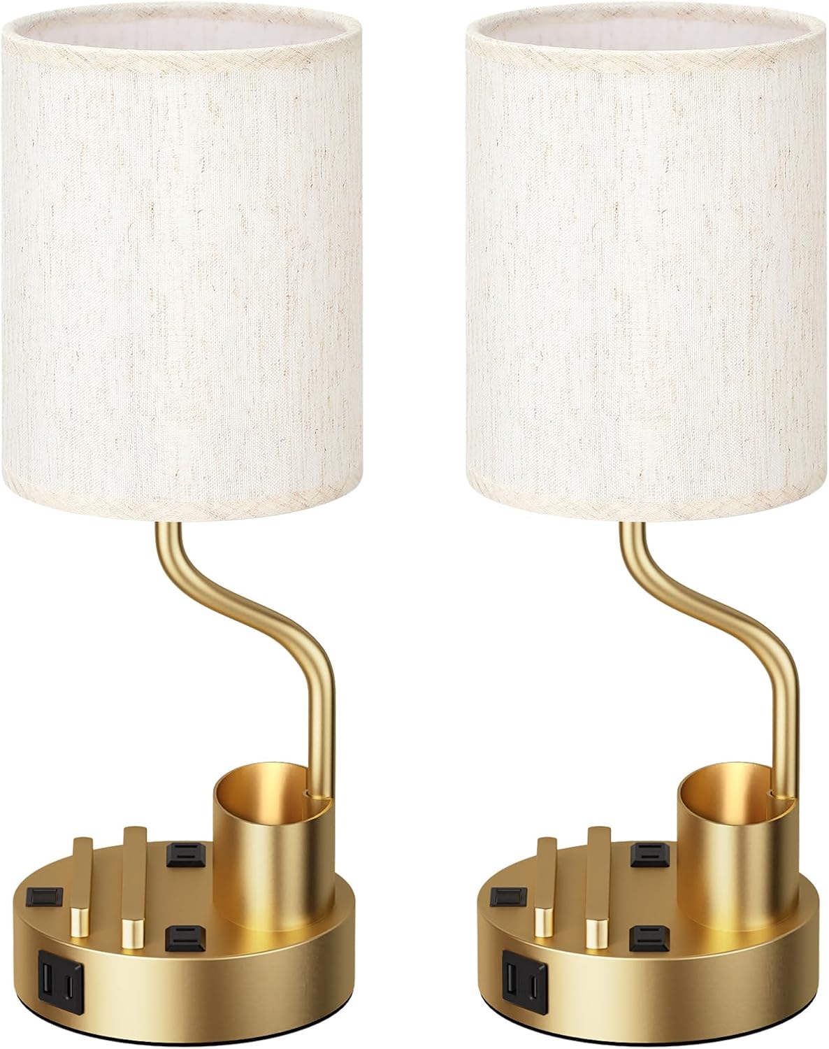 Set of 2 Bedside Table Lamps with USB & AC Outlet - 3 Color Temperatures, Desk Light & Phone Stand for Bedroom, Living Room, Office
