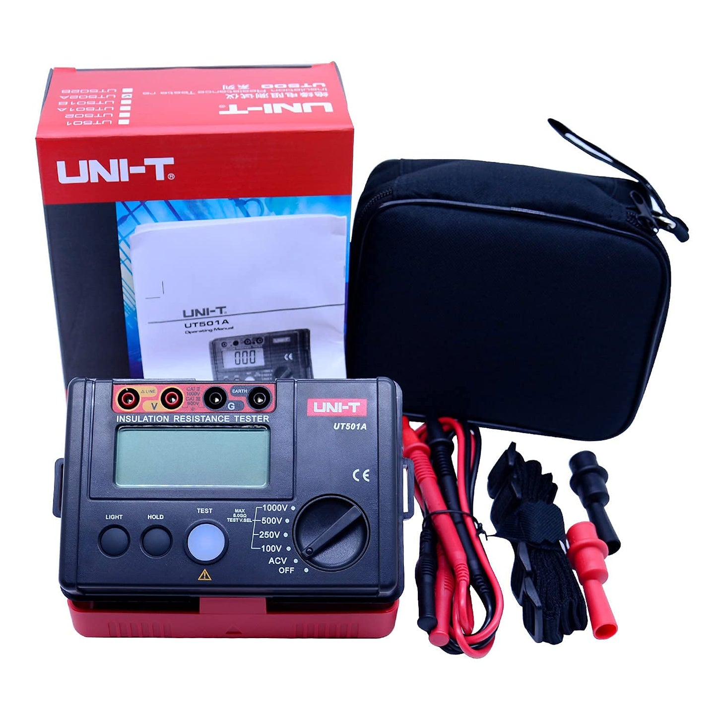 UNI-T 1000V Megohmmeter Insulation Megger Tester, Ground Resistance Tester Meter 0 Megohm to 5.5GΩ with AC 100V/250V/500V Testing Voltage & LCD Display Backlight(UT501A)