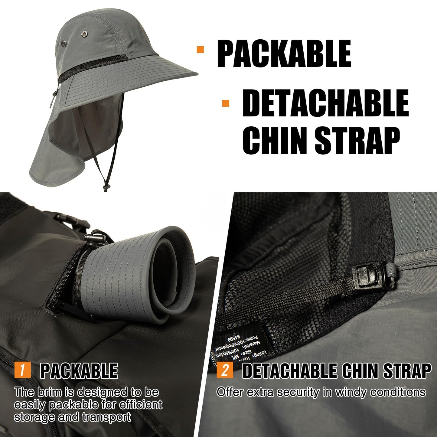 Summer Sun Hat Shade Men Big Head Women Wide Brim Neck Flap Safari Waterproof Beach UPF50+ Fishing Hiking Dark Grey