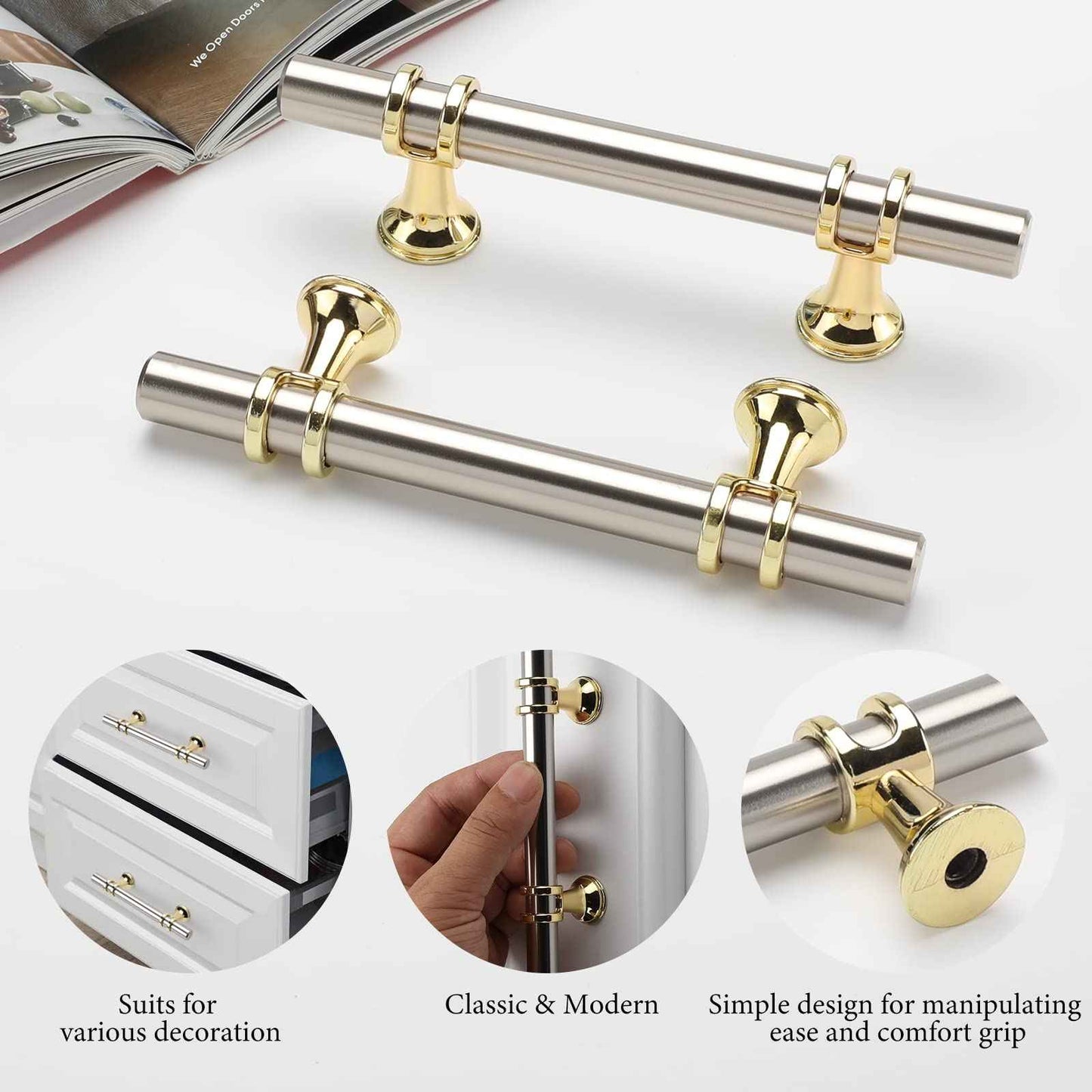 Rergy Cabinet Handles Drawer Pulls and Knobs, 5Pack Brushed Nickel and Gold 3inch Hole Center, Kitchen Hardware for Dresser Handle Zinc Alloy Furniture Pull