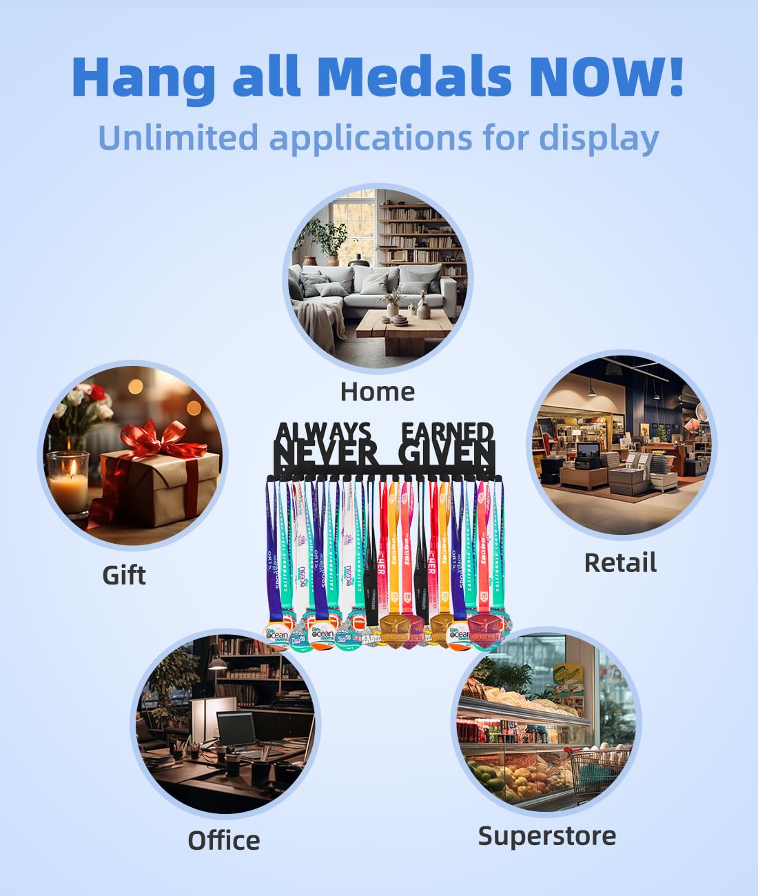 Medal Hanger Ribbon Holder Display Medals Wall Mounted Metal Trophy Rack Organizer Frame Awards Ribbon Cheer Gymnastics Soccer Softball Runner Hold Medals Easy to Install (Earned Hook 14 inch)
