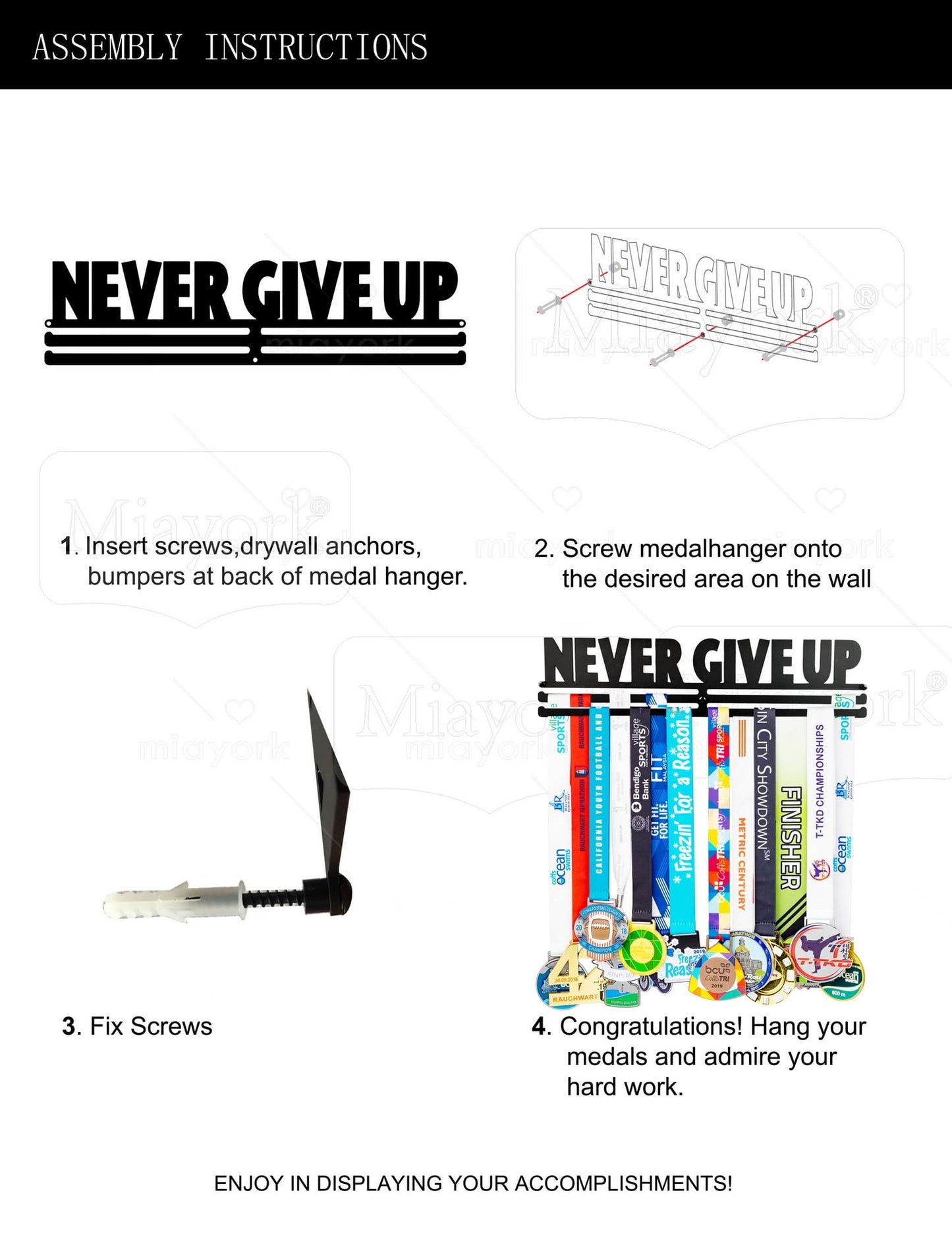 Miayork White Medal Holder Display Hanger Rack Frame for More Medals-Sports Medal Hanger and Ribbon Display Holder Rack with Easy Hanging Bars,Soccer Medal Hanger Display
