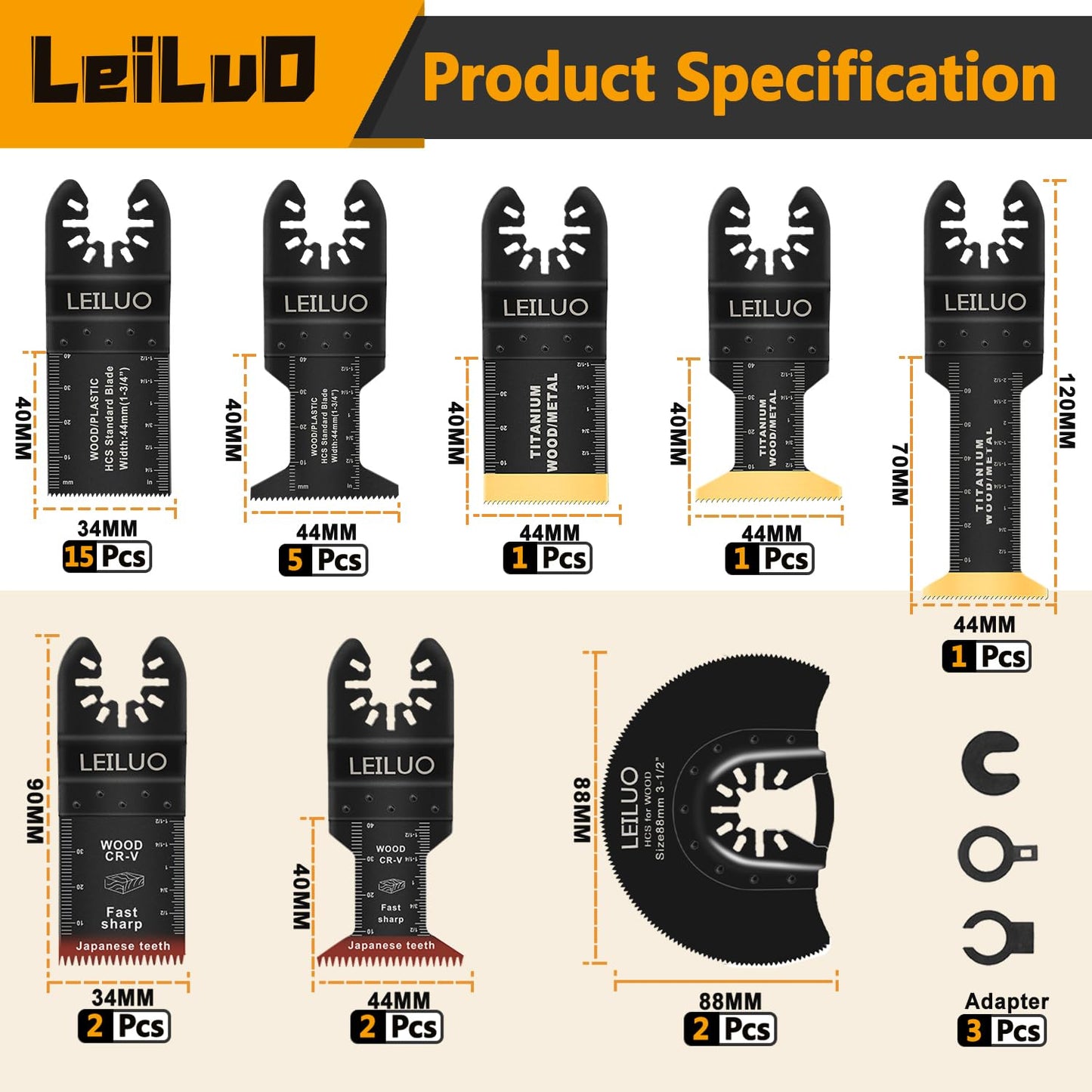 LEILUO 32 Pcs Multitool Blade Kit for Wood Nails Japanese Tooth Oscillating Saw Blades Titanium Oscillating Tool Blade with Storage Bag Compatible with DeWalt Dremel Makita and More
