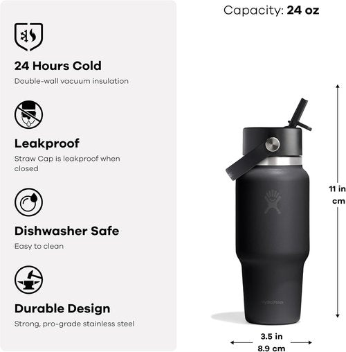 Hydro Flask Travel Water Bottle - Insulated Stainless Steel | Leakproof 24 Oz in Tonal Black