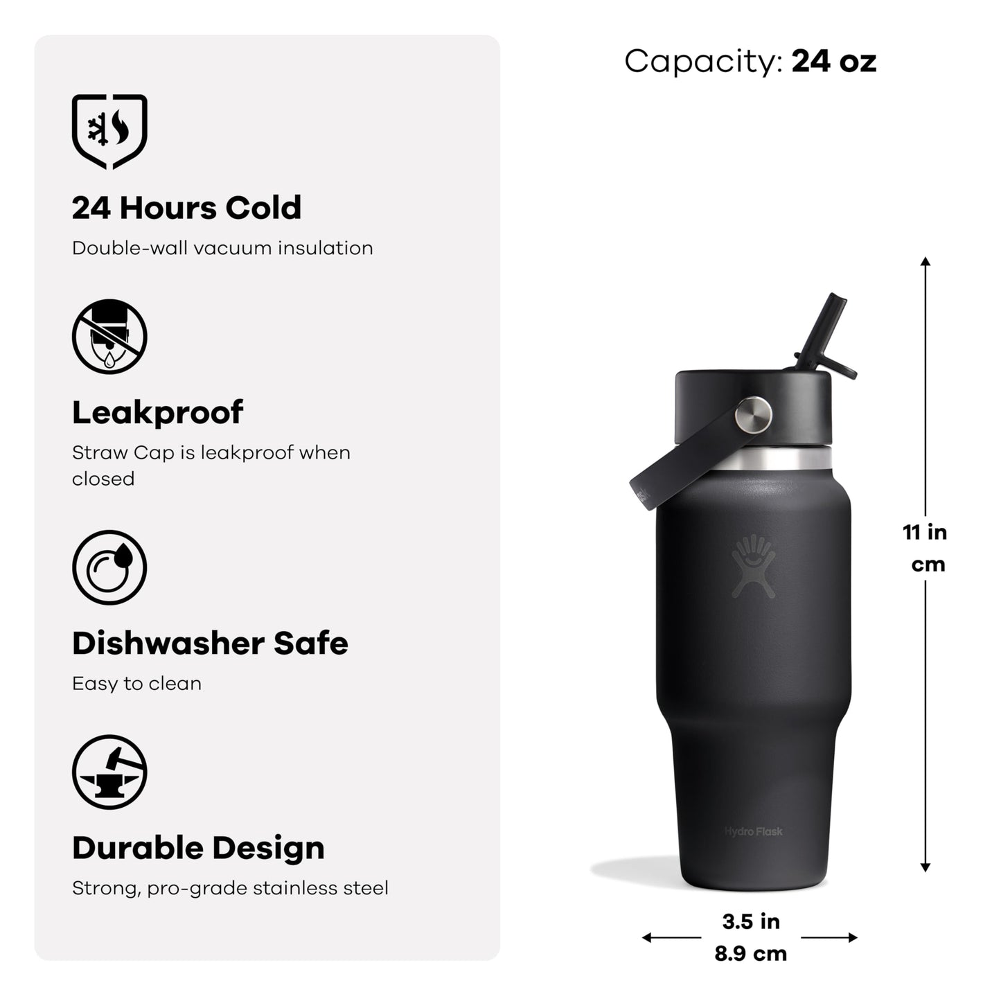 Hydro Flask Travel Water Bottle - Insulated Stainless Steel - Wide Straw Lid, Non Spill, Leakproof in 24 Oz Popstar Pink