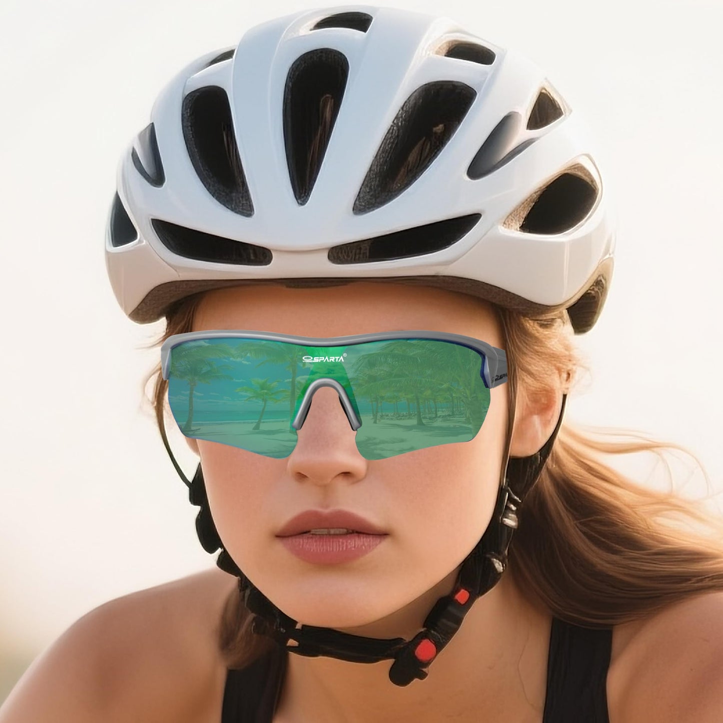 OUTDOORSPARTA Polarized Sports Sunglasses Cycling Glasses With 5 Interchangeable Lenses Driving Shades For Men & Women (6. Silver Black Frame, Full Lens Mirorred Green)