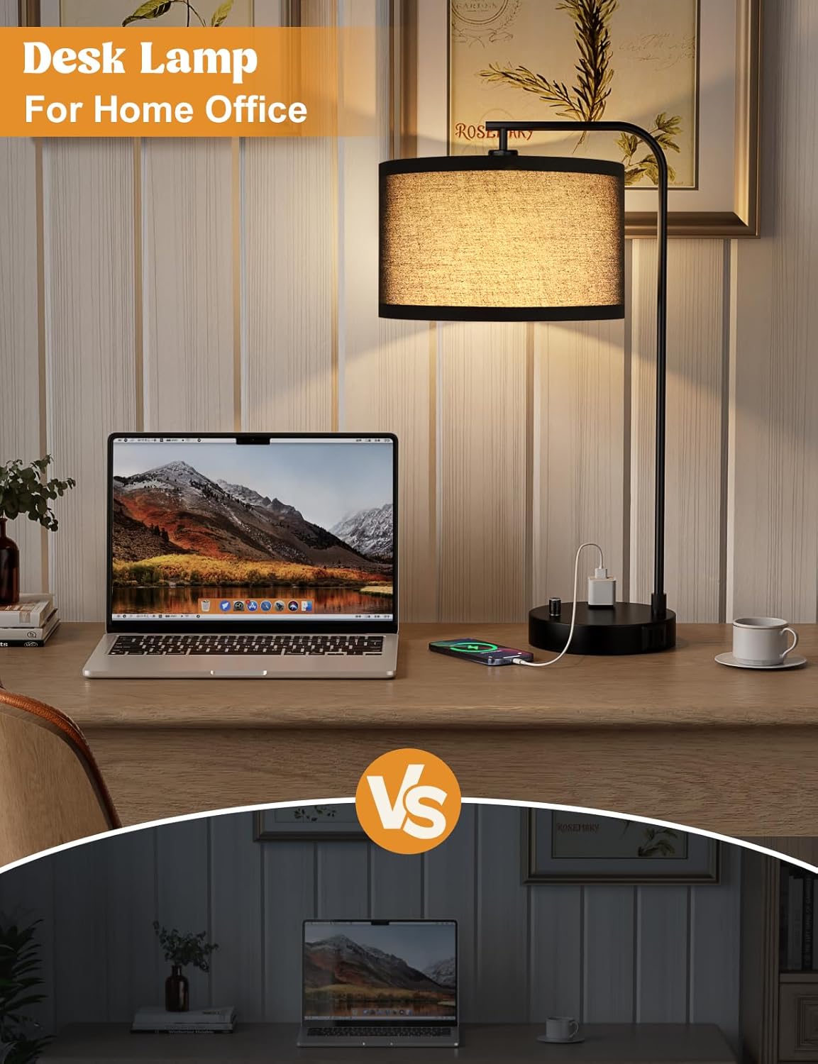 Dimmable Tall Table Lamp with USB Port & Outlet - Linen Shade Bedside Desk Lamp for Bedroom, Living Room, Home Office