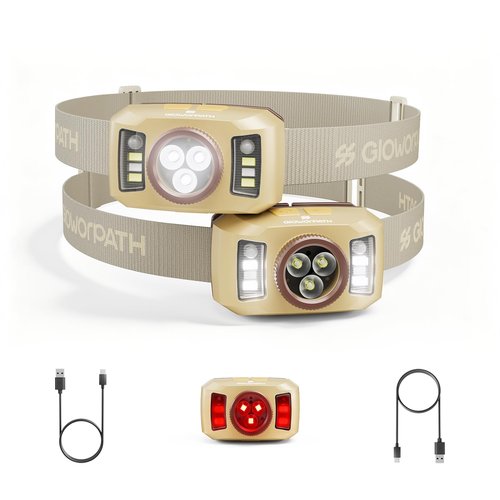 Upgraded Headlamp Rechargeable, Ultra Bright Headlight Flashlight with White Red Light, Motion Sensor Head Lights for Forehead, 6 Modes Head Lamp for Outdoor Camping Running Waterproof (2, Beige)