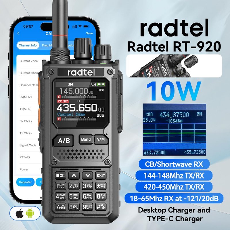 Radtel RT-920 Walkie Talkie 8W Long Range Programmable Bluetooth Two-Way Handheld Radio, SW MW LW CB 27MHz -126dBm Receive SSB AM FM Noise-Reduction NOAA