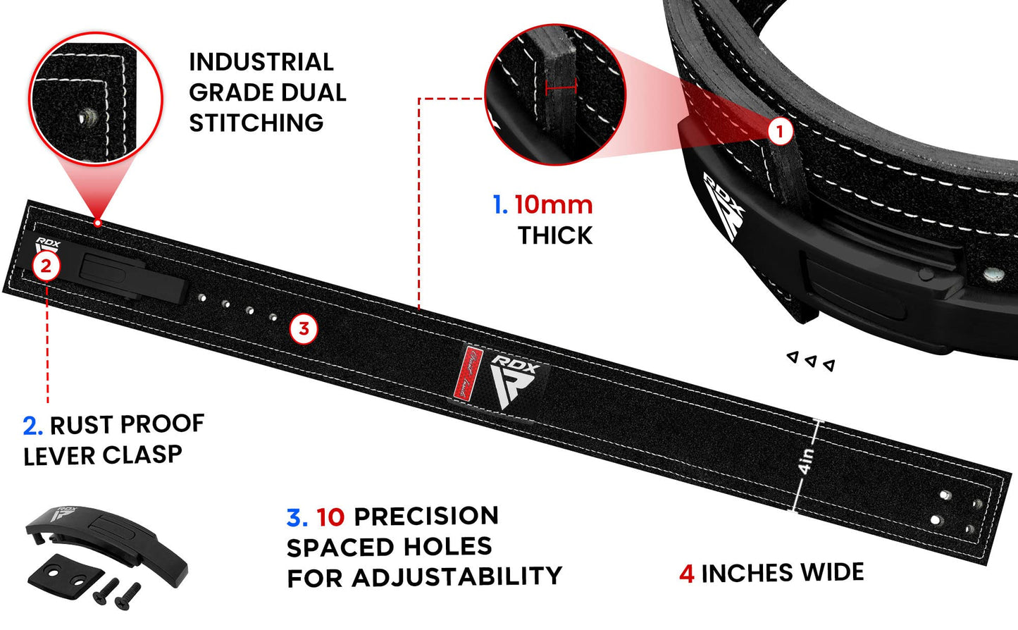 RDX Weight Lifting Belt Powerlifting, Approved By IPL and USPA, 10mm Thick 4" Leather Lumbar Back Support, Lever Buckle Gym Strength Training Equipment, Bodybuilding Deadlifts Squats Workout Men Women
