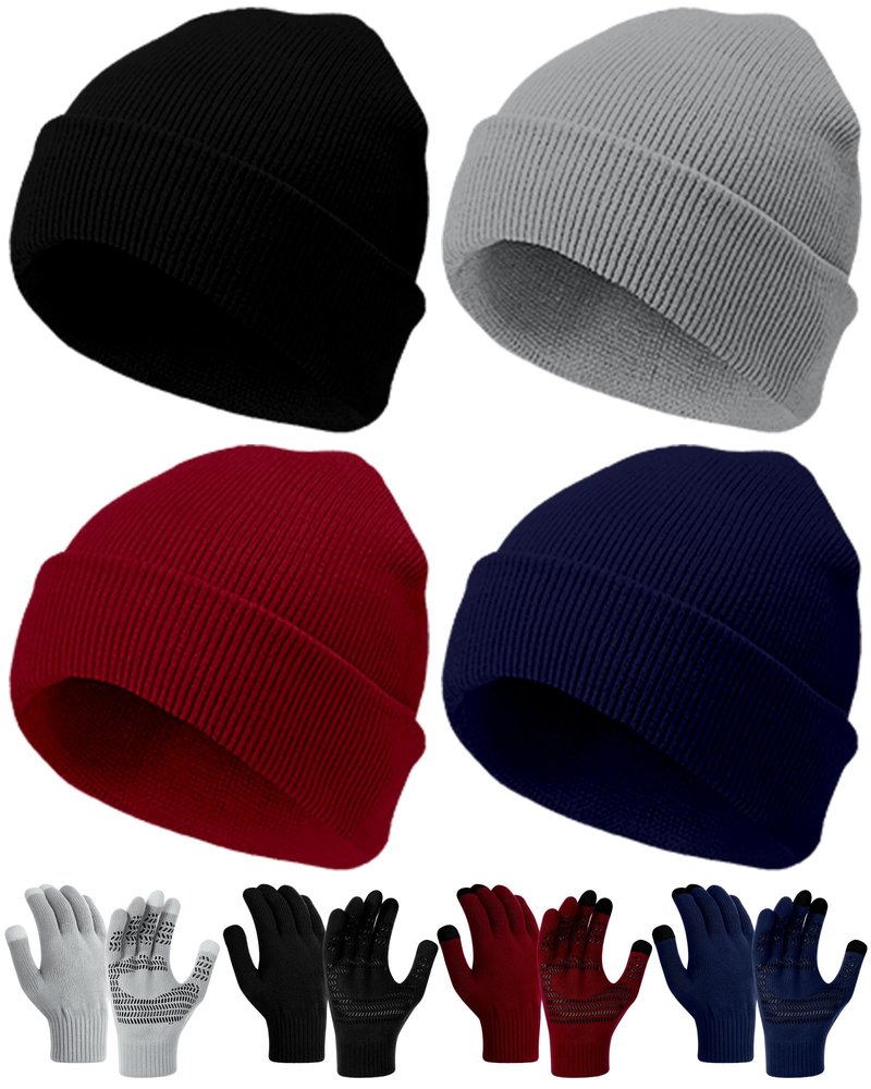 Shyyween 8 Pcs Winter Beanies and Gloves Set for Men Women, Stretchy Knitted Hats Touch Screen Gripper Glove Unisex Warm Gift(Black, Wine Red, Navy Blue, Gray)