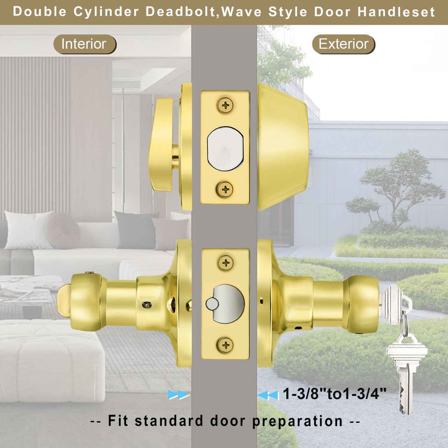 Brotima 3 Pack Keyed Alike Lever Set with Single Cylinder Deadbolt, Reversible Wave Style Polished Brass Lockset, Lever Door Handle with Key and Lock for Bedroom, Front Door