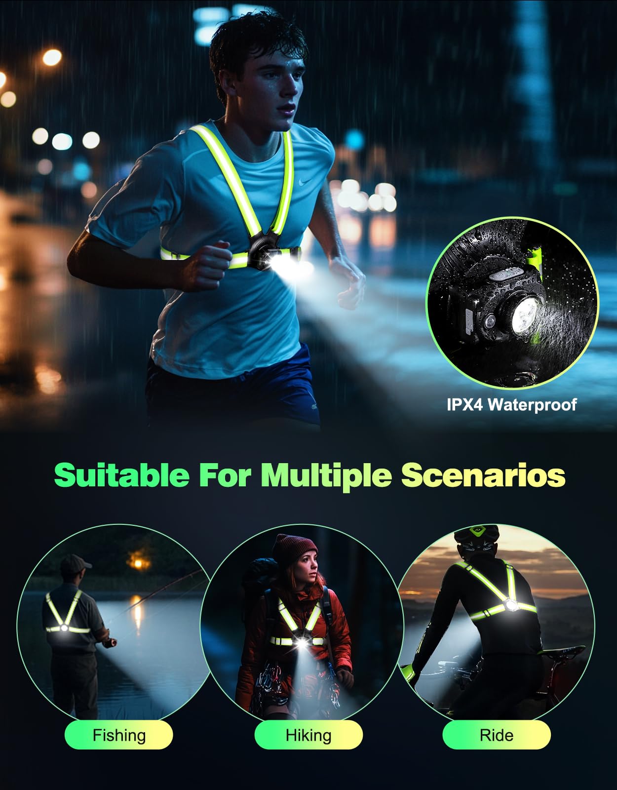 ISEYOU Running Lights for Runners, 500 Lumens Running Light with 45° Adjustable Tilt, 360° Reflective Vest & IPX4 Waterproof Rechargeable Light Up Gear for Night Walking/Cycling/Jogging/Hiking