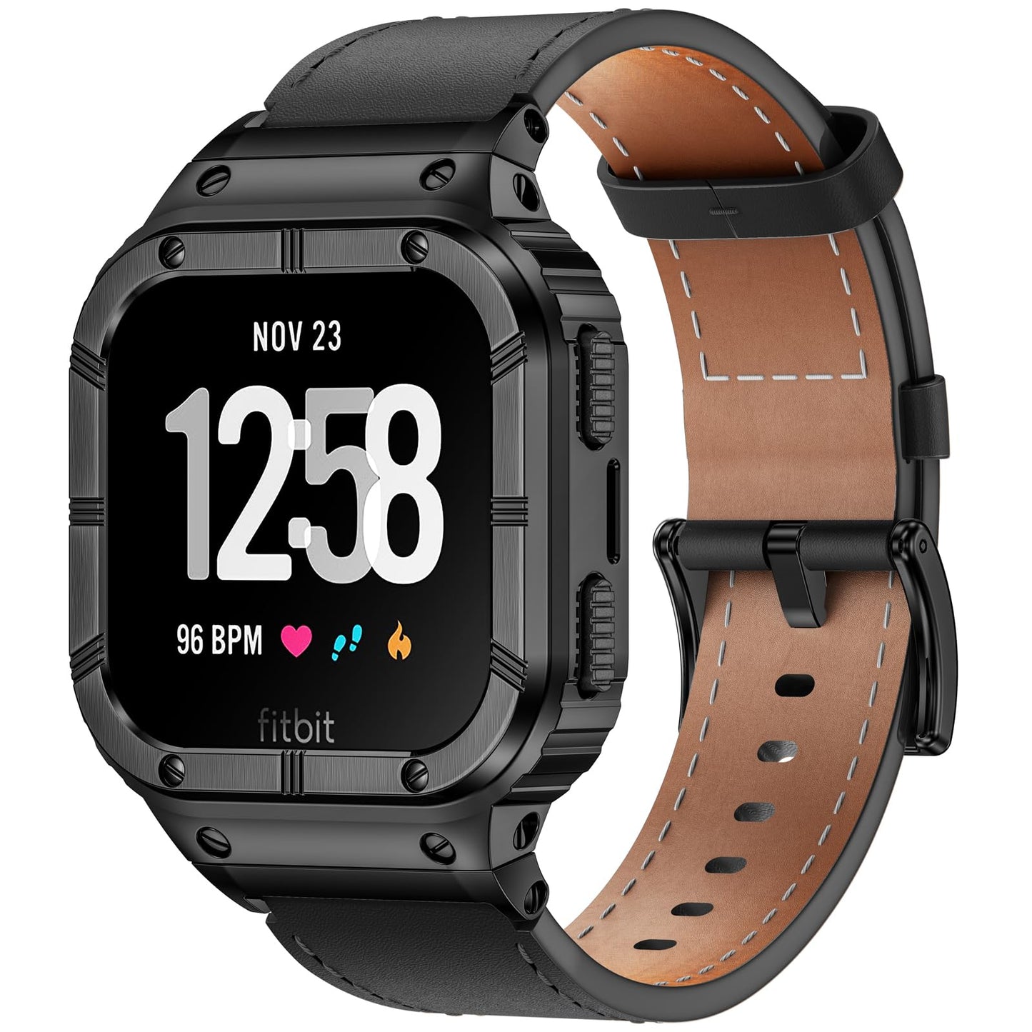 BAITEYOU Leather Bands with Stainless Steel Case Compatible with Fitbit Versa 1 2 3 4 Lite Sense 2 1 Protective case for men