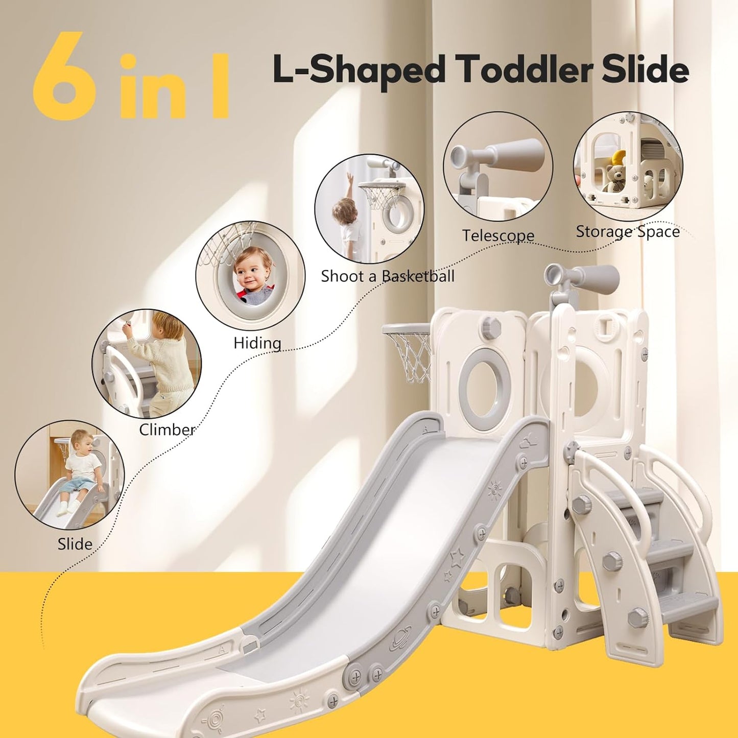 Skiennix 6-in-1 Toddler Playset - Versatile Slide with Basketball Hoop & Ring Toss | Indoor/Outdoor Fun