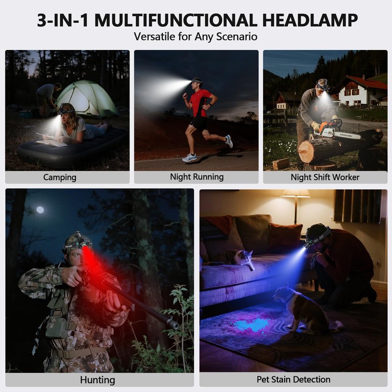 OMALIGHT Headlamp Rechargeable with White/Red/UV/Black Light Headlight,1080 High Lumens Super Bright LED Headlamps Battery Powered,16 Modes Waterproof Head Lamp for Hardhat Hunting Pet Urine Detection