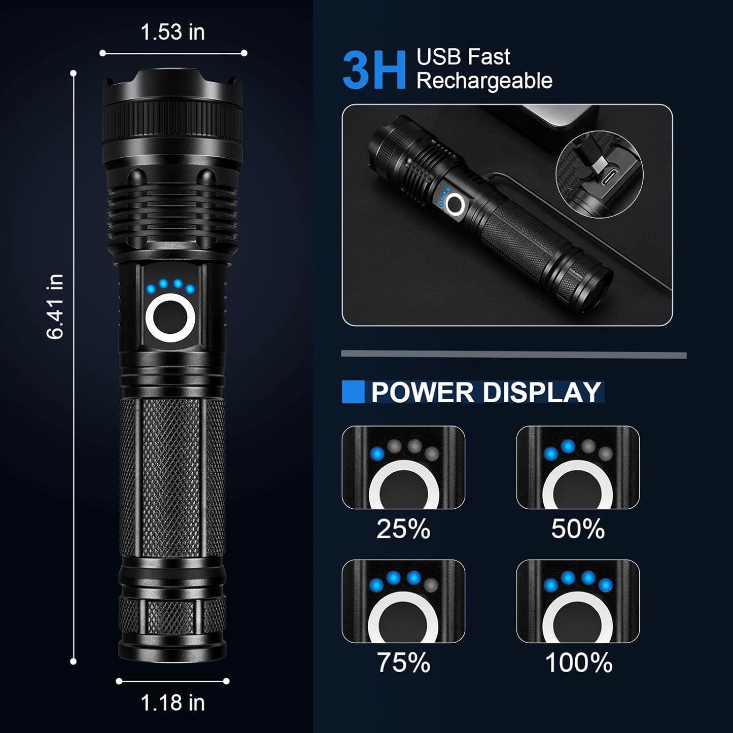 High Lumens 3-Pack Rechargeable LED Flashlights - 99000LM, 5 Modes, Waterproof for Camping & Home Use