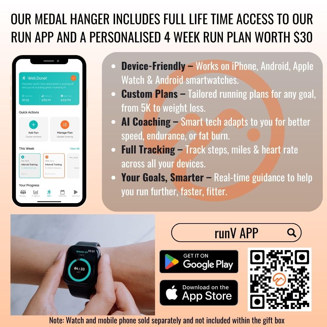 Vorlich® Race Bib & Medal Display – Medal Holder with Run APP & 4-Week Training Plan – Medal Hanger Display – Holds 50+ Medals & 100+ Race Bibs – Running Medal Hanger for Runners