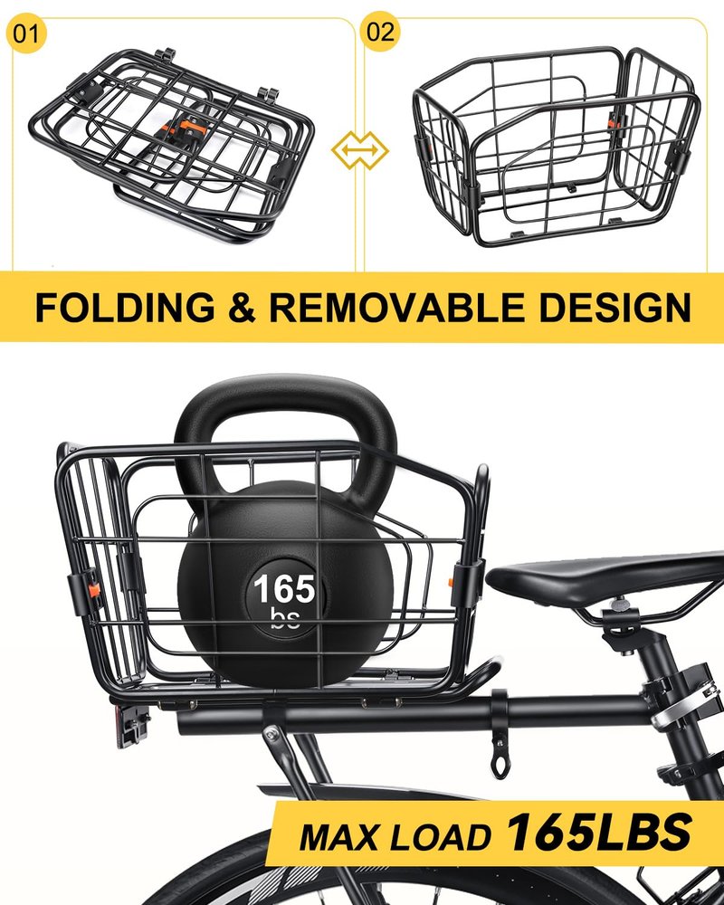 EQIIO Rear Bike Rack with Foldable Basket – 22L, Quick Release Bike Cargo Rack Aluminum Alloy & 165LB Load, Adjustable Bicycle Rack with Reflector & Installation Tool & Free Bungee Cord, Waterproof
