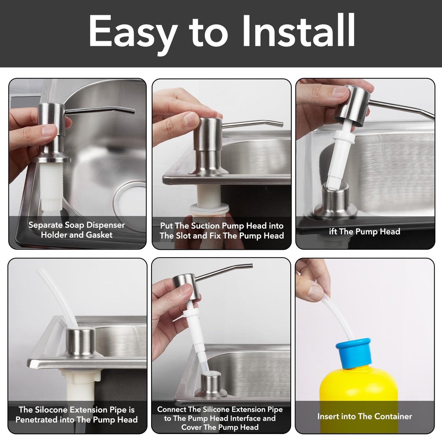 Domthent Soap Dispenser for Kitchen Sink Set,Sink Soap Dispenser Pump with 47" Soap Dispenser Extension Tube Kit,Stainless Steel Countertop Soap Dispenser for Kitchen Bathroom (Brushed Nickel)