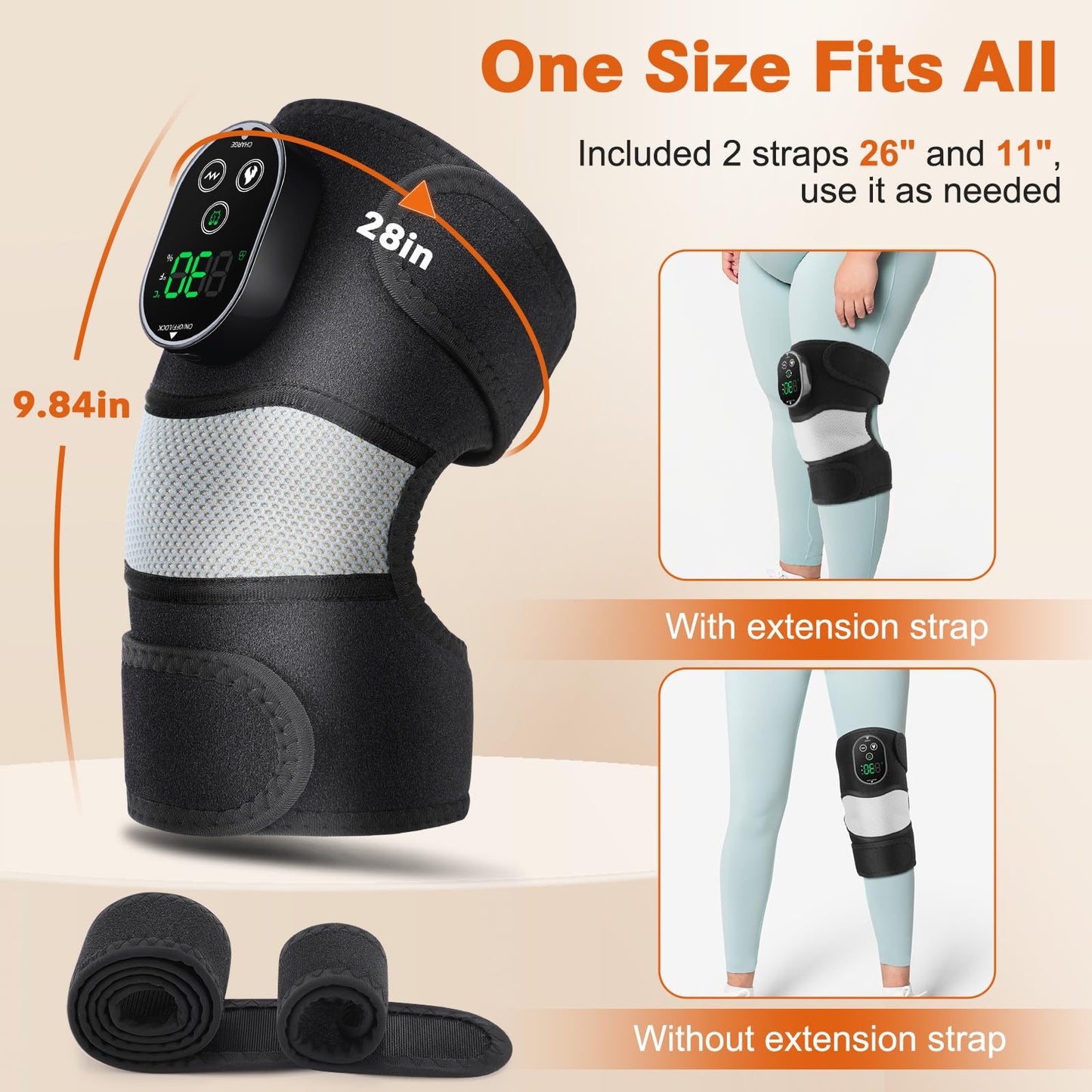 Cordless Heated Knee Massager with Vibration, Heated Knee Brace Wrap, Heating Knee Pad for Knee Elbow, Knee Heating Pad for Arthritis with 6 Heating Levels, 3 Massage Modes&Timer (Black+White)